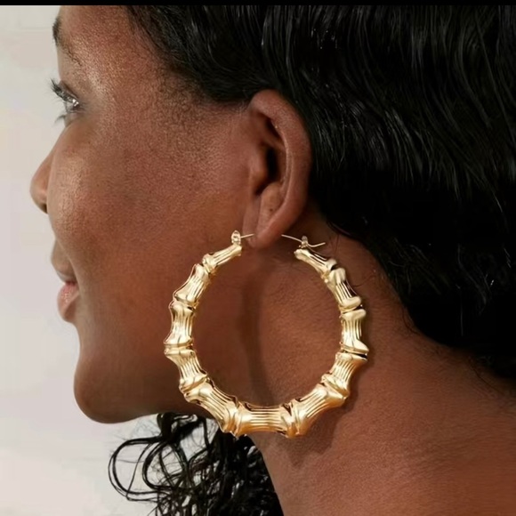 Gold Exaggerated Bamboo Hoop Earrings - Picture 4 of 10